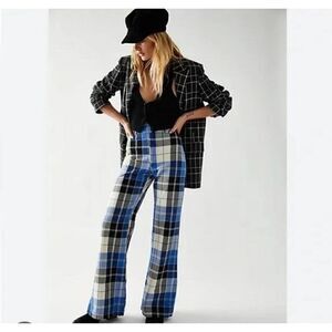 Free People Jules High Waist Plaid Flare Pants Blue/Black size 4 new
